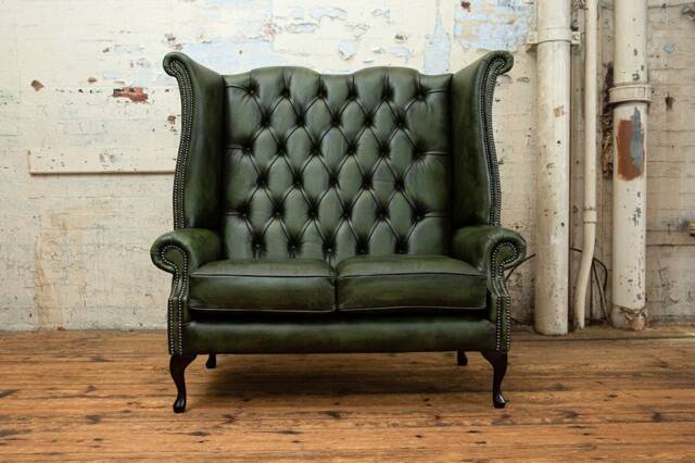 British Handmade 2 Seater Antique Green Leather High Back Chesterfield Sofa - Reflex Foam Cushion Seat - image 1
