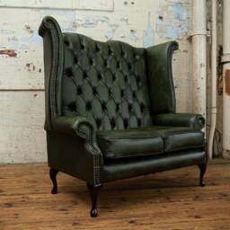 British Handmade 2 Seater Antique Green Leather High Back Chesterfield Sofa - Reflex Foam Cushion Seat - thumbnail 2