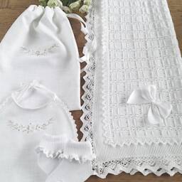Very On Trend 100% Natural Cotton Knitted Pointelle New Baby Baptizm Christening Blanket in Pure White + Personalised Gift Bag With Name - thumbnail 2
