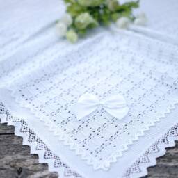 Very On Trend 100% Natural Cotton Knitted Pointelle New Baby Baptizm Christening Blanket in Pure White + Personalised Gift Bag With Name - thumbnail 3