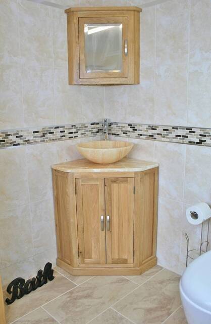 Bathroom Vanity Unit Free Standing Oak Corner Cabinet Golden Onyx Top & Basin 501Bgo25Go - image 1