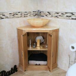 Bathroom Vanity Unit Free Standing Oak Corner Cabinet Golden Onyx Top & Basin 501Bgo25Go - thumbnail 3
