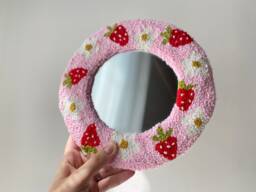 Strawberry Punch Mirror, Hanmade Pink Tufted Minimal Mirror For Study Room