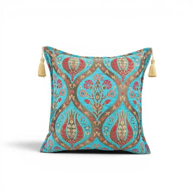 Turkish Fabric Pillow Cover 18x18, Turquoise Blue Boho Throw Pillow, Morocco Tulip Pattern Decorative Sofa Accent Cushion Case Made in Turkey - image 1