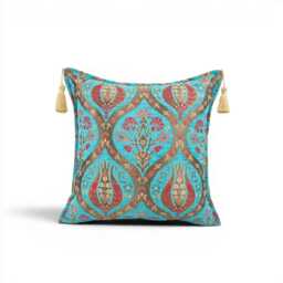 Turkish Fabric Pillow Cover 18x18, Turquoise Blue Boho Throw Pillow, Morocco Tulip Pattern Decorative Sofa Accent Cushion Case Made in Turkey