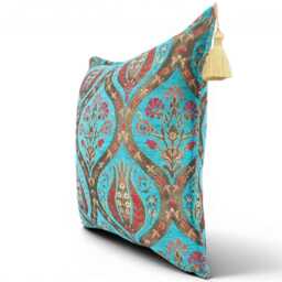 Turkish Fabric Pillow Cover 18x18, Turquoise Blue Boho Throw Pillow, Morocco Tulip Pattern Decorative Sofa Accent Cushion Case Made in Turkey - thumbnail 2