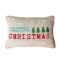 "Christmas Linen Pillow Cover, Embroidered Trees, Brocade Applique - 14""x 21" - thumbnail 1