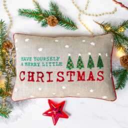 "Christmas Linen Pillow Cover, Embroidered Trees, Brocade Applique - 14""x 21" - thumbnail 2