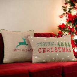 "Christmas Linen Pillow Cover, Embroidered Trees, Brocade Applique - 14""x 21" - thumbnail 4