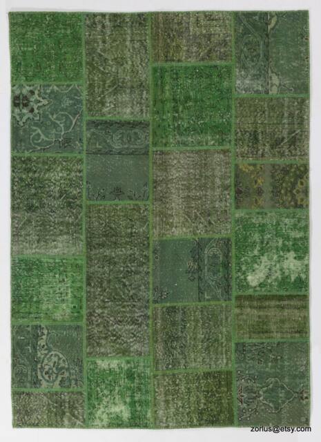 Handmade Turkish Patchwork Rug, Green - image 1