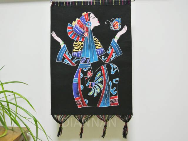 Vintage , Batik Painting Tapestry, The Drawing Butterfly Lady, Good Luck For Artist, Indigo Wall Hanging - image 1