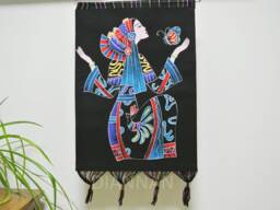 Vintage , Batik Painting Tapestry, The Drawing Butterfly Lady, Good Luck For Artist, Indigo Wall Hanging - thumbnail 1