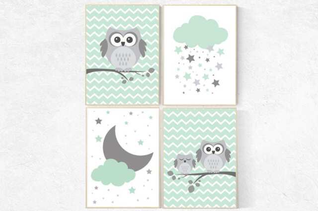 Owl Nursery Wall Art Mint Green, Gray Decor Print - image 1