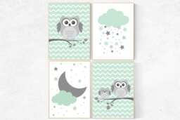 Owl Nursery Wall Art Mint Green, Gray Decor Print - thumbnail 1
