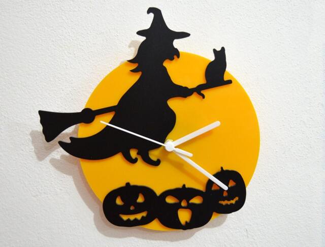 Halloween Witch With Cat & Pumpkins - Black & Yellow Silhouette Wall Clock - image 1