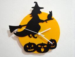Halloween Witch With Cat & Pumpkins - Black & Yellow Silhouette Wall Clock - thumbnail 1