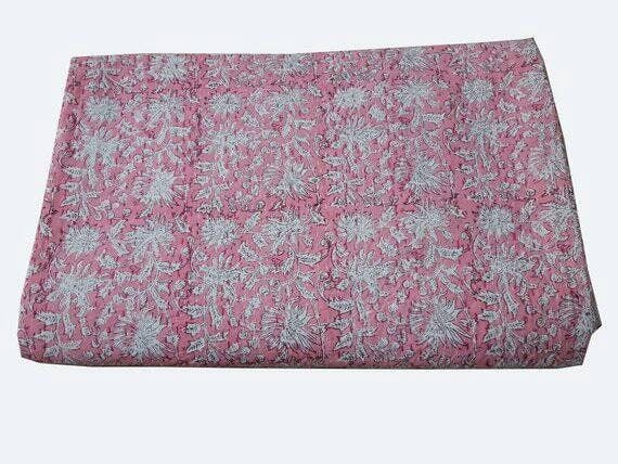Handblock Floral Print Indian Handmade Kantha Quilt Bedspread Perfect Bed Matching Throw Size Multi - image 1