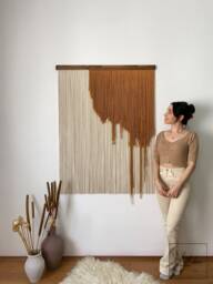 Mustard Fiber Wall Art, Abstract Flowing Macrame Hanging, Camel Tone Layered Yarn Decor, Handmade Modern Textile Tapestry - thumbnail 1