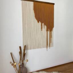 Mustard Fiber Wall Art, Abstract Flowing Macrame Hanging, Camel Tone Layered Yarn Decor, Handmade Modern Textile Tapestry - thumbnail 2