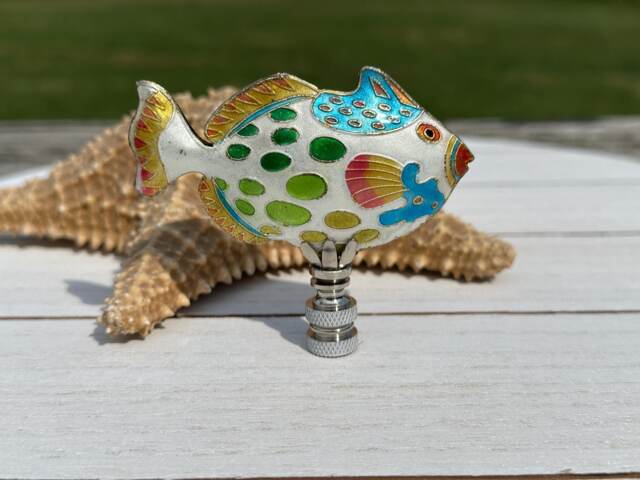 Fish Lamp Finial On Brass Or Chrome Hardware - A Single Spotted Cloisonne Topper in White - image 1