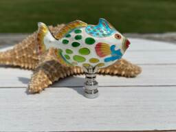Fish Lamp Finial On Brass Or Chrome Hardware - A Single Spotted Cloisonne Topper in White - thumbnail 1