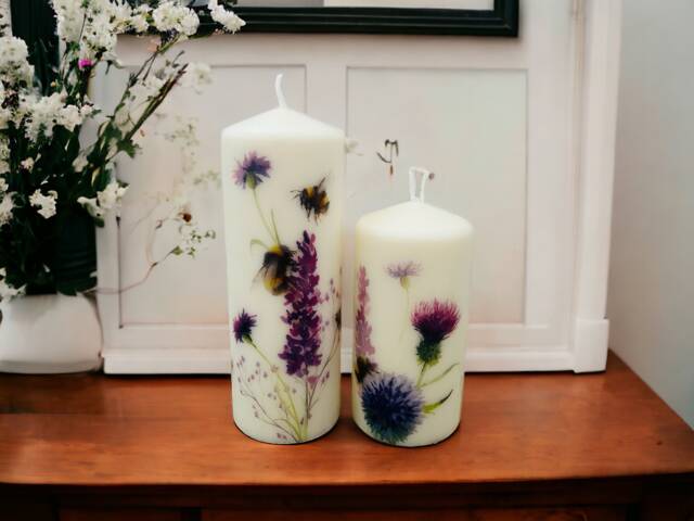 Set Of 2 Lavender & Bee Tall Pillar Candles, Themed Candle Gift Set, Home Decorations, Gifts, Candles - image 1