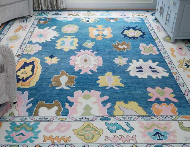 Hand-Knotted Oushak Wool Rug, Blue, Pink Floral, Modern Farmhouse Ar_3638 - image 1