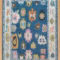 Hand-Knotted Oushak Wool Rug, Blue, Pink Floral, Modern Farmhouse Ar_3638 - thumbnail 2