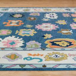 Hand-Knotted Oushak Wool Rug, Blue, Pink Floral, Modern Farmhouse Ar_3638 - thumbnail 3