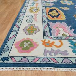 Hand-Knotted Oushak Wool Rug, Blue, Pink Floral, Modern Farmhouse Ar_3638 - thumbnail 4