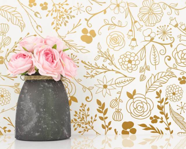 Botanical Wall Decals - Modern Vinyl Decal Set, Flower Blossoms, Leaf Decals, Gold Nursery Decor, Cute Floral Stickers - image 1