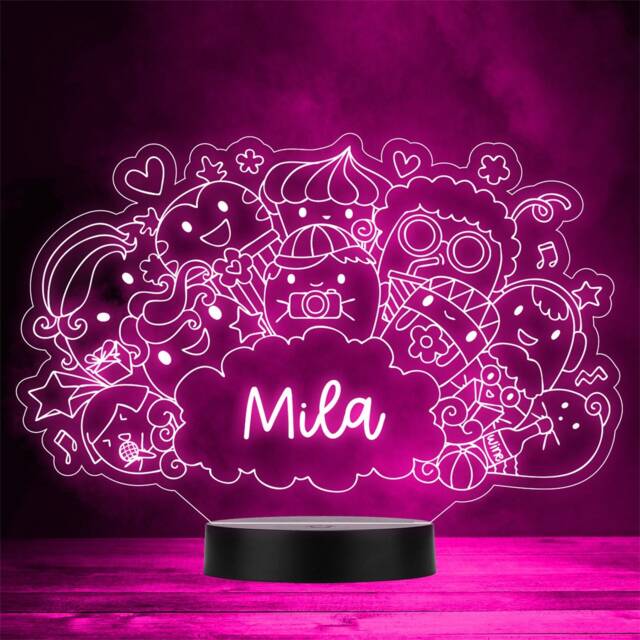 Funny Cute Doodle Characters Cloud Personalised Gift Any Colour Led Night Light - image 1