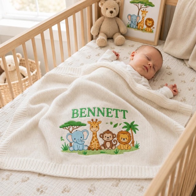 Personalized Baby Blanket, Safari Animal Embroidery, Custom Name Nursery Throw, Newborn Gift, Shower Keepsake For Boys, Crib Gift