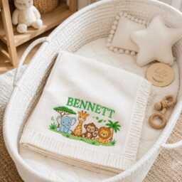 Personalized Baby Blanket, Safari Animal Embroidery, Custom Name Nursery Throw, Newborn Gift, Shower Keepsake For Boys, Crib Gift - thumbnail 2