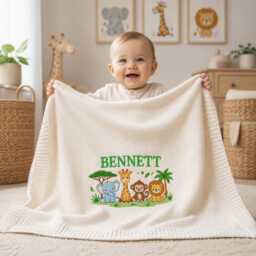 Personalized Baby Blanket, Safari Animal Embroidery, Custom Name Nursery Throw, Newborn Gift, Shower Keepsake For Boys, Crib Gift - thumbnail 3
