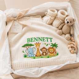 Personalized Baby Blanket, Safari Animal Embroidery, Custom Name Nursery Throw, Newborn Gift, Shower Keepsake For Boys, Crib Gift - thumbnail 4