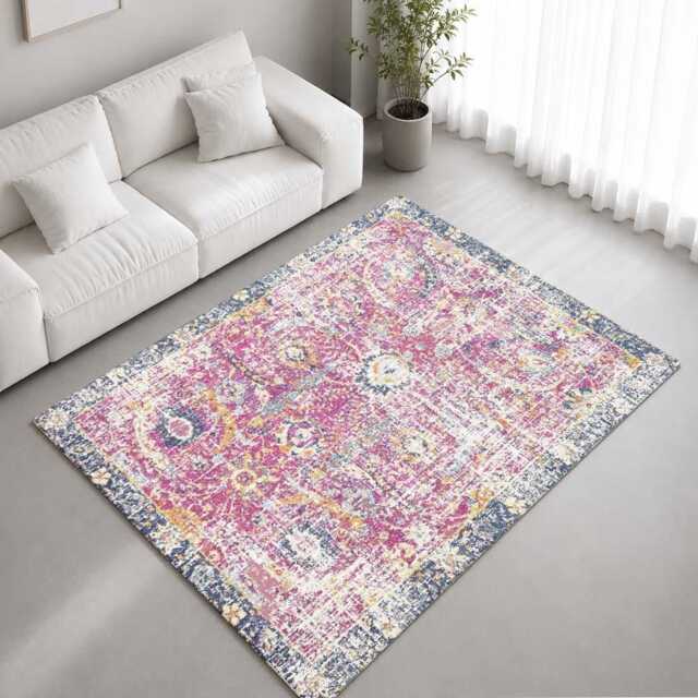 Distressed Pink Vintage Persian Medallion Rug Non-Slip Soft Area Carpet Bedroom Living Room Hallway Mat Decor - Made in UK - image 1