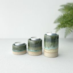 Handmade Green Glazed Stoneware Candle Holder Retro Home Decor - thumbnail 2