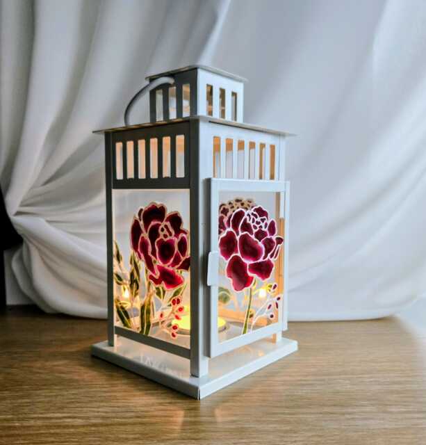 Hand Painted Lantern Peony Stained Glass Tealight Holder - image 1