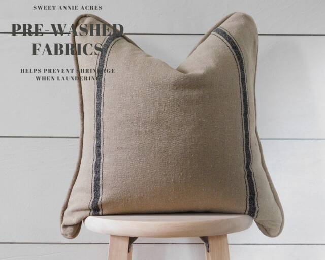 Clearance - Piped Edge Grain Sack Striped Pillow Cover Farmhouse Feed Double Black 3 Stripe Brown Fabric - image 1