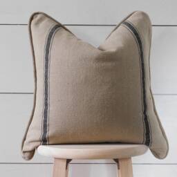 Clearance - Piped Edge Grain Sack Striped Pillow Cover Farmhouse Feed Double Black 3 Stripe Brown Fabric - thumbnail 2
