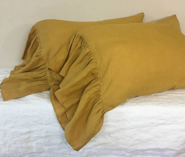 A Pair Of Mustard Gold Linen Pillow Covers Feature Mermaid Long Ruffles, French Country Style, Available in Standard, Queen Or King Size - image 1