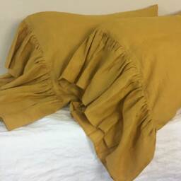 A Pair Of Mustard Gold Linen Pillow Covers Feature Mermaid Long Ruffles, French Country Style, Available in Standard, Queen Or King Size - thumbnail 2