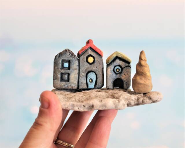 House Miniature Scene Made With Clay & Stone, Unique Gift, Ceramic Houses - image 1