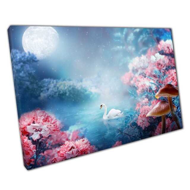 Enchanted Swan Lake Moonlight Canvas Blooming Floral Landscape Wall Art For Nature-Inspired Home Decor - image 1