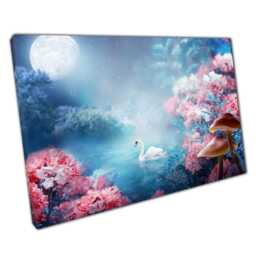 Enchanted Swan Lake Moonlight Canvas Blooming Floral Landscape Wall Art For Nature-Inspired Home Decor - thumbnail 1