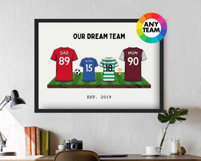 Personalised Family Dream Team Football Shirt Art Print - Frames Available Footy Fan Custom Gift For Dad Husband Him Artwork Soccer Decor - image 1