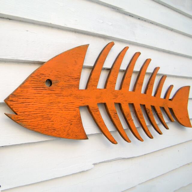 Fish Skeleton Decor Wall Wooden Art Beach Coastal Patio Or Outdoor Sign Lake House Bone - image 1