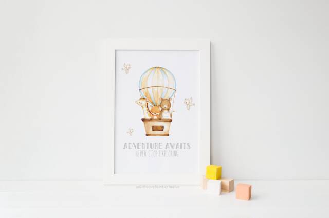Adventure Awaits Never Stop Exploring - Hot Air Balloon Print Wall Art Nursery