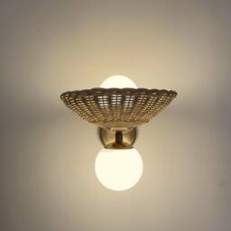 Minimal Rattan Globe Sconce Double Light Modern Rustic Lighting Brass Wall Lamp - thumbnail 2